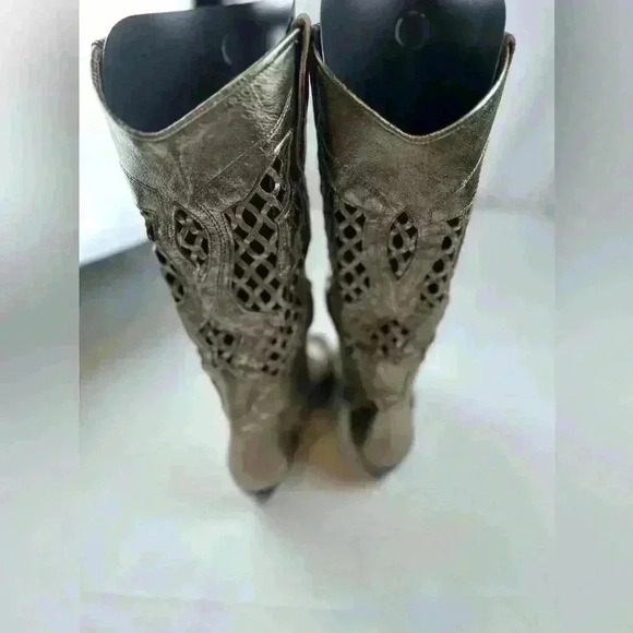 Vintage Lenni Lattice Cowboy Western Boots Metallic Gold Leather Italy - Picture 8 of 10